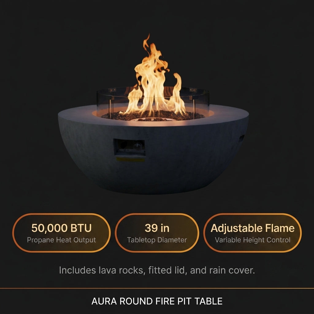 Propane Fire Pit, Outdoor Concrete Gas Fire Pit, 39 in Tabletop with Lava Rocks, Lid,Rain Cover,Adjust Flame Height Camping Firepit for Heating, Lighting, 50000 BTU — Results & Stats