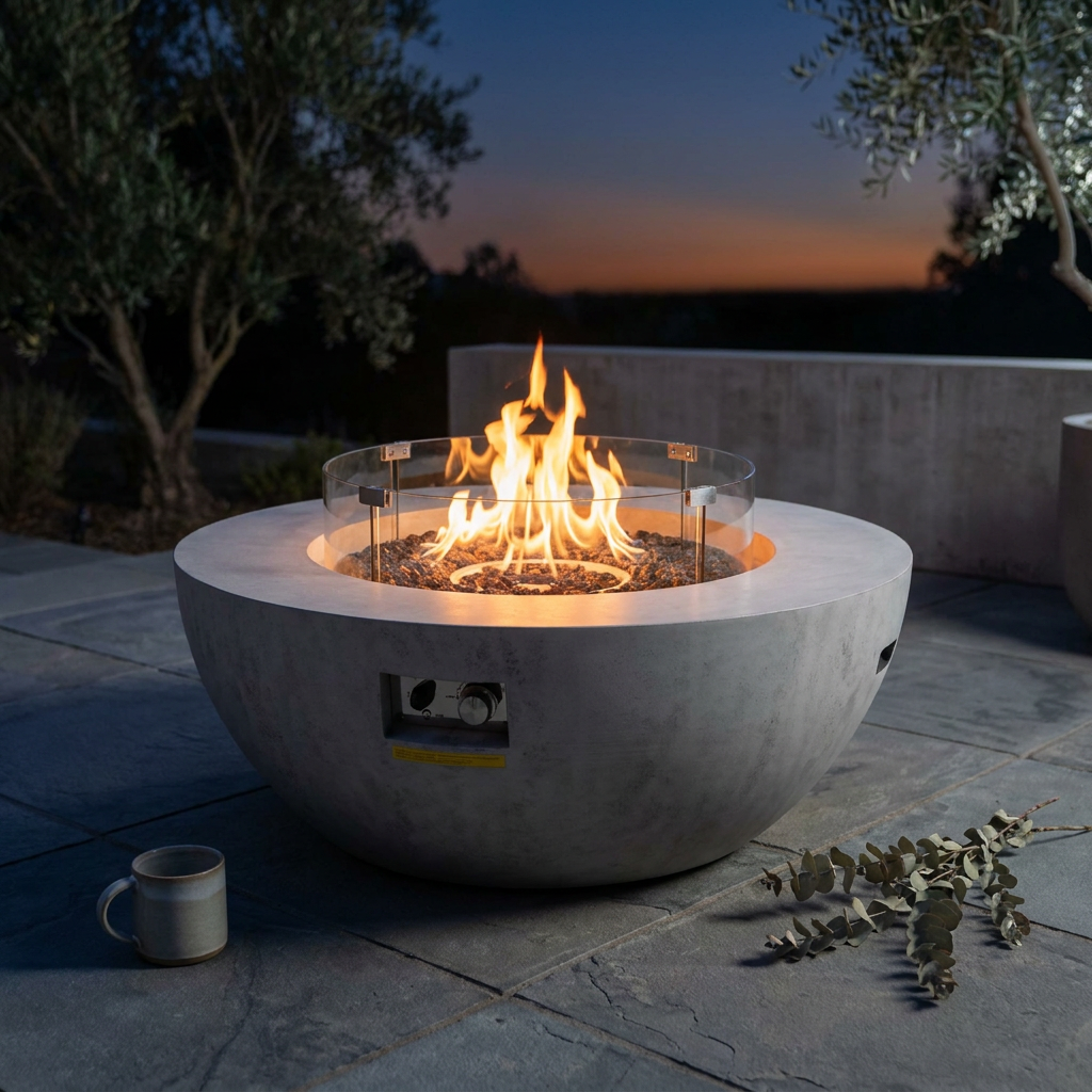 Propane Fire Pit, Outdoor Concrete Gas Fire Pit, 39 in Tabletop with Lava Rocks, Lid,Rain Cover,Adjust Flame Height Camping Firepit for Heating, Lighting, 50000 BTU — Studio Shot