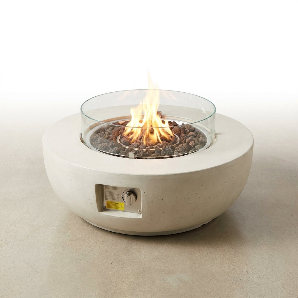 Propane Fire Pit, Outdoor Concrete Gas Fire Pit, 39 in Tabletop with Lava Rocks, Lid,Rain Cover,Adjust Flame Height Camping Firepit for Heating, Lighting, 50000 BTU — Studio Shot