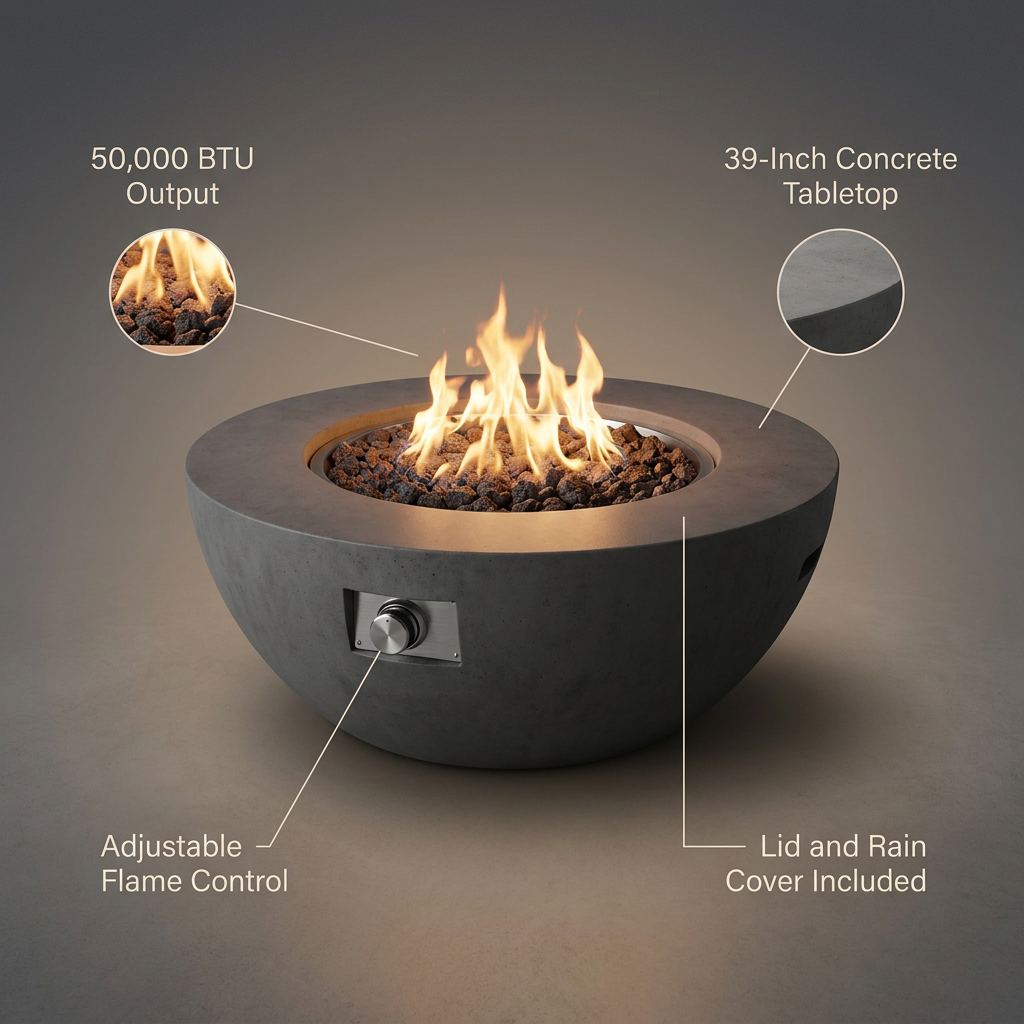 Propane Fire Pit, Outdoor Concrete Gas Fire Pit, 39 in Tabletop with Lava Rocks, Lid,Rain Cover,Adjust Flame Height Camping Firepit for Heating, Lighting, 50000 BTU — infographic