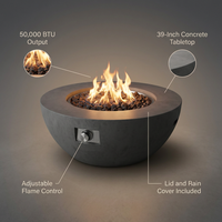 Propane Fire Pit, Outdoor Concrete Gas Fire Pit, 39 in Tabletop with Lava Rocks, Lid,Rain Cover,Adjust Flame Height Camping Firepit for Heating, Lighting, 50000 BTU — infographic