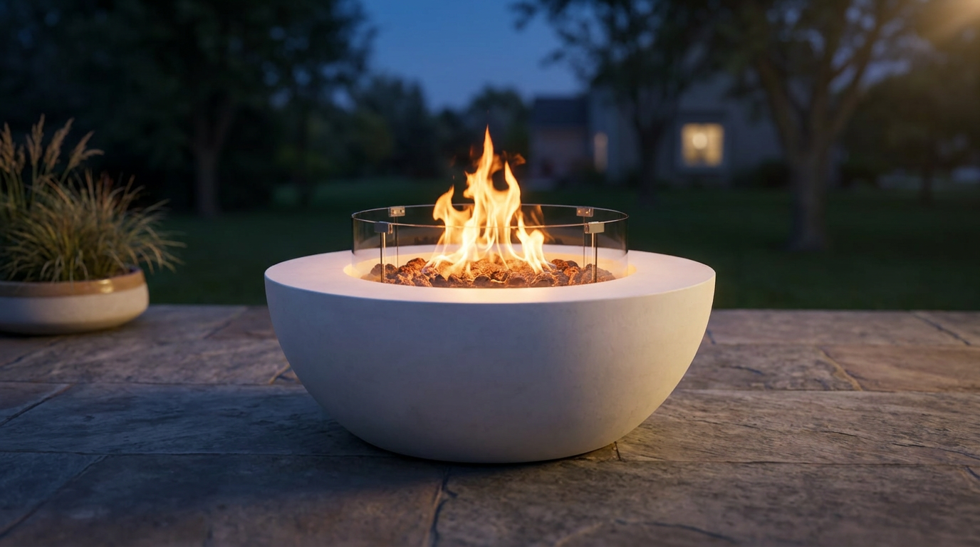 Propane Fire Pit, Outdoor Concrete Gas Fire Pit, 39 in Tabletop with Lava Rocks, Lid,Rain Cover,Adjust Flame Height Camping Firepit for Heating, Lighting, 50000 BTU — Lifestyle