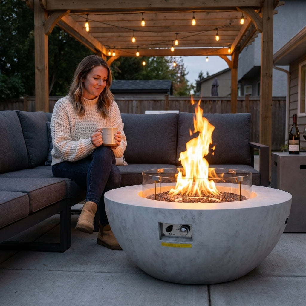 Propane Fire Pit, Outdoor Concrete Gas Fire Pit, 39 in Tabletop with Lava Rocks, Lid,Rain Cover,Adjust Flame Height Camping Firepit for Heating, Lighting, 50000 BTU — Lifestyle