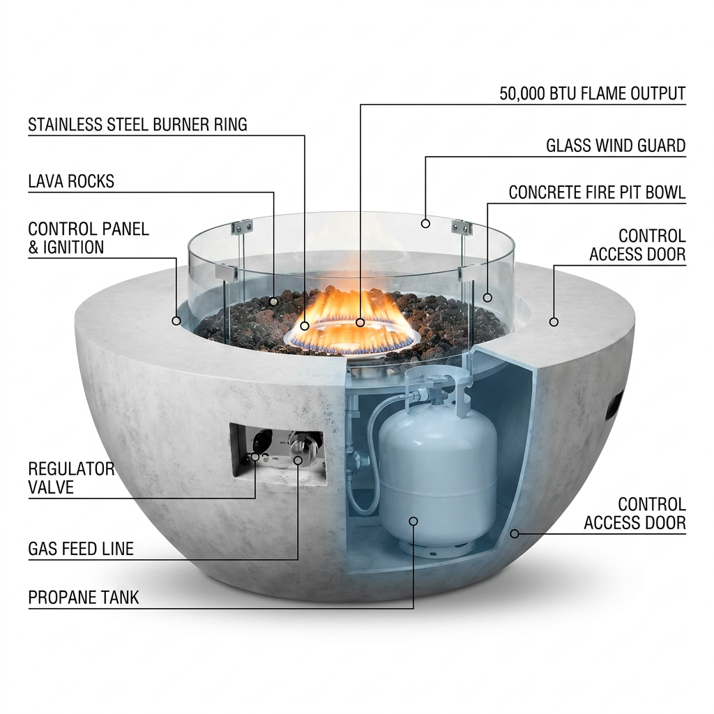 Propane Fire Pit, Outdoor Concrete Gas Fire Pit, 39 in Tabletop with Lava Rocks, Lid,Rain Cover,Adjust Flame Height Camping Firepit for Heating, Lighting, 50000 BTU — How It Works