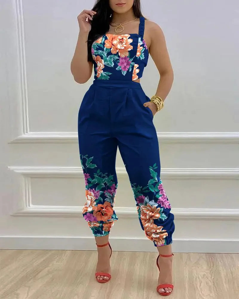 New Summer Fashion Printed Sleeveless Jumpsuit Sexy Hollow Backless Lace Up Long Jumpsuits Elegant Casual Jumpsuit With Pocket