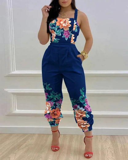 New Summer Fashion Printed Sleeveless Jumpsuit Sexy Hollow Backless Lace Up Long Jumpsuits Elegant Casual Jumpsuit With Pocket