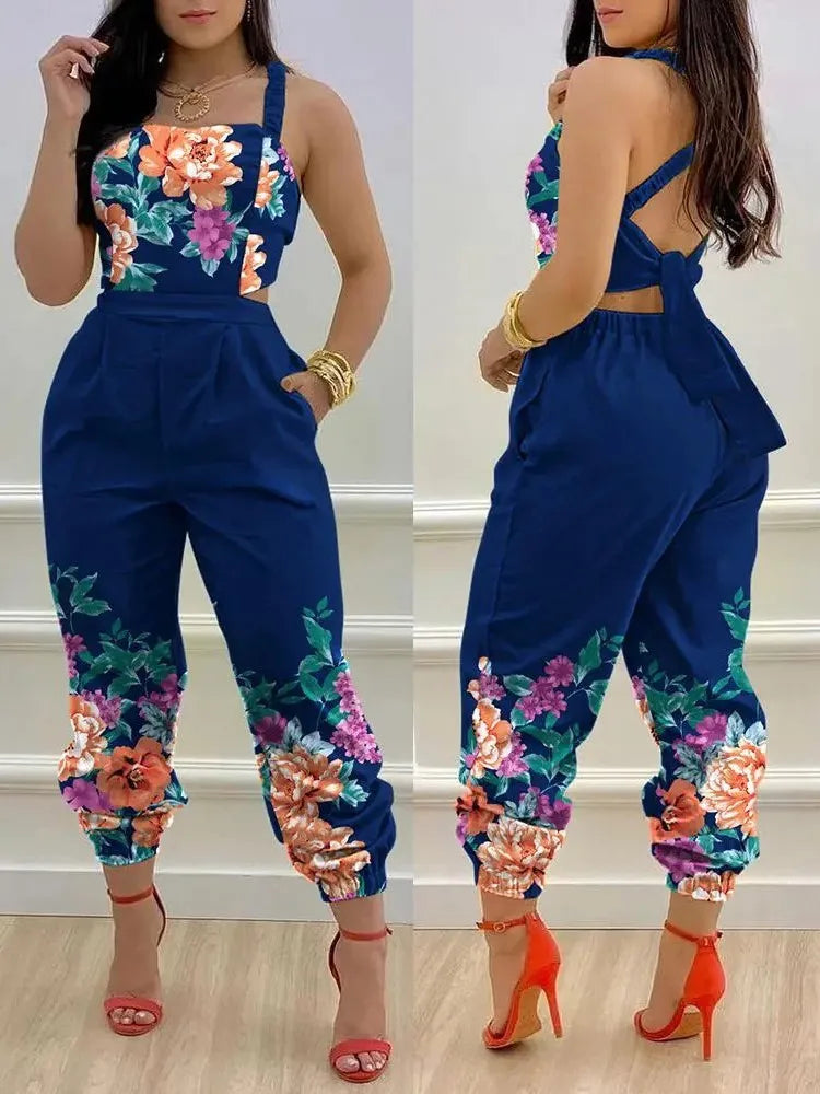 New Summer Fashion Printed Sleeveless Jumpsuit Sexy Hollow Backless Lace Up Long Jumpsuits Elegant Casual Jumpsuit With Pocket