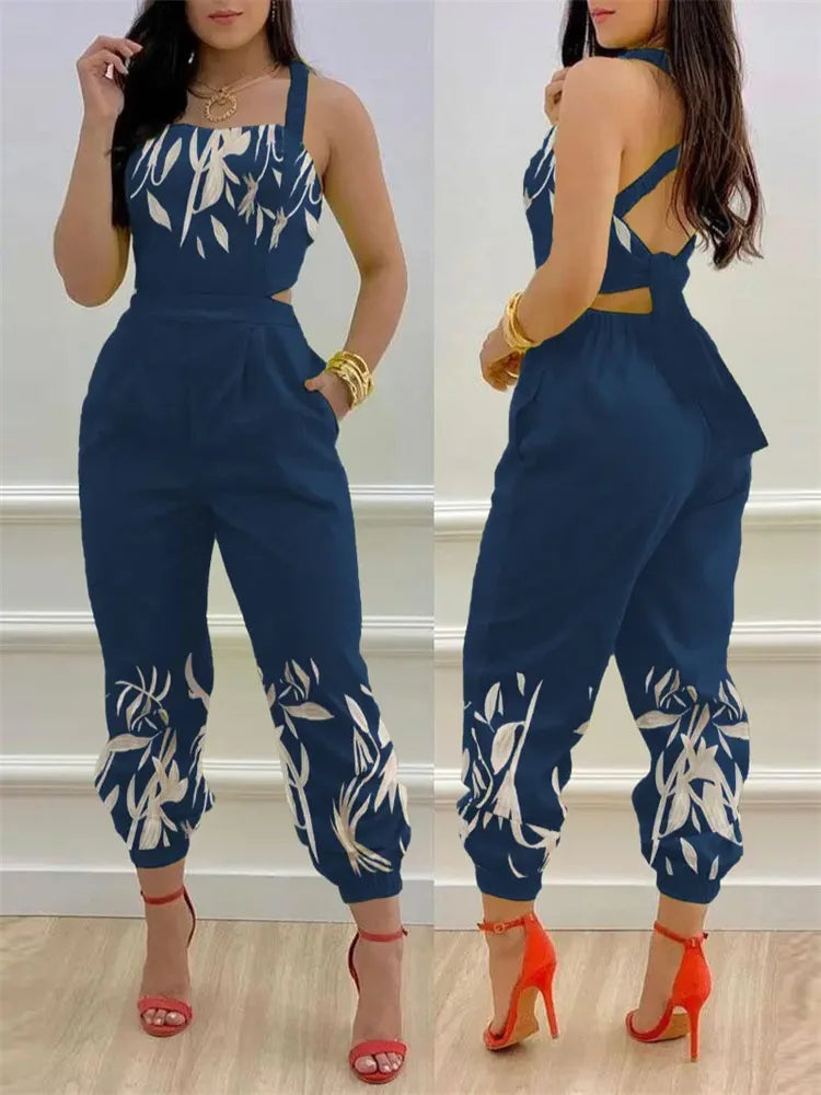 New Summer Fashion Printed Sleeveless Jumpsuit Sexy Hollow Backless Lace Up Long Jumpsuits Elegant Casual Jumpsuit With Pocket