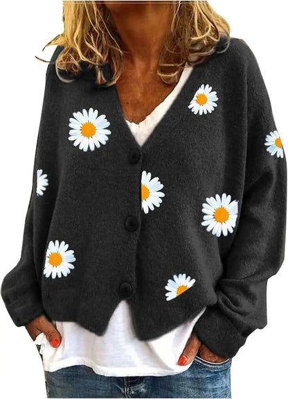 Women's Floral Print Long Sleeve V-Neck Sweaters Button Down Ribbed Cuffs Knit Cropped Cardigan Sweater