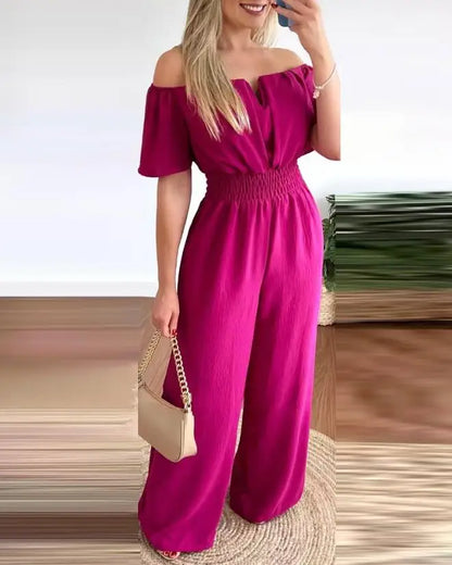 Jumpsuits for Women 2023 Spring Fashion Off Shoulder Casual Plain Short Sleeve Shirred Waist Daily Long Wide Leg Jumpsuit 2024