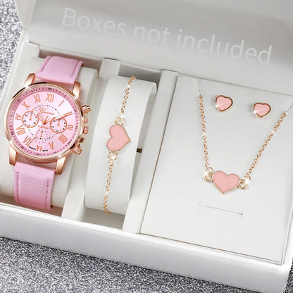 5/6PCS Fashion Women's Quartz Watch Leather Band Analog Wrist Watches Heart Rhinestone Jewelry Set(Without Box)