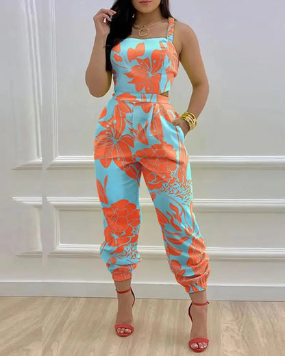 New Summer Fashion Printed Sleeveless Jumpsuit Sexy Hollow Backless Lace Up Long Jumpsuits Elegant Casual Jumpsuit With Pocket