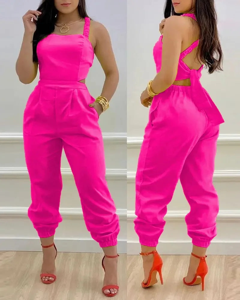 New Summer Fashion Printed Sleeveless Jumpsuit Sexy Hollow Backless Lace Up Long Jumpsuits Elegant Casual Jumpsuit With Pocket