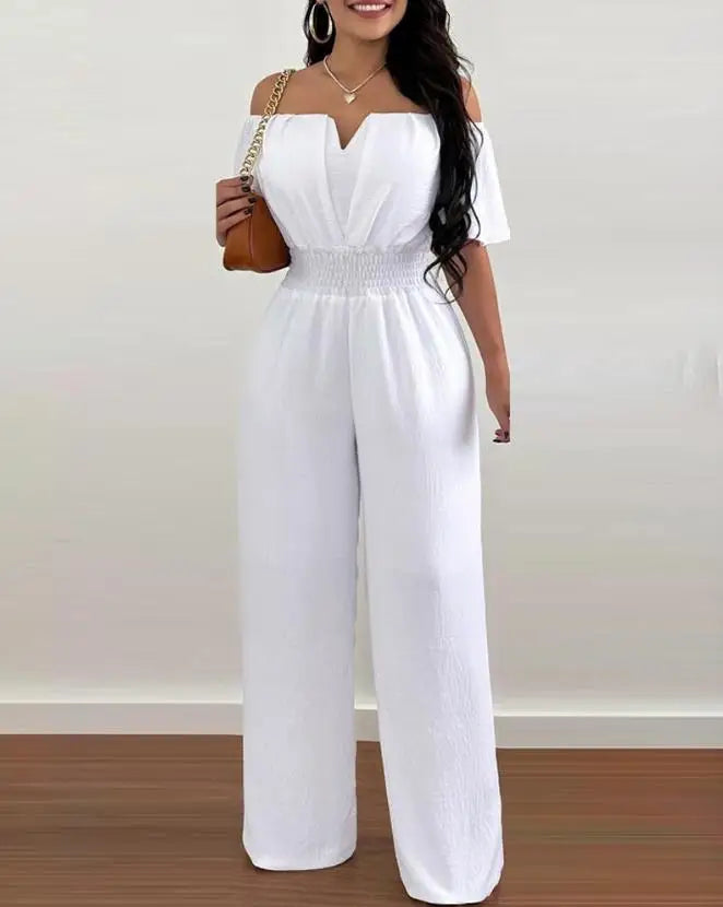 Jumpsuits for Women 2023 Spring Fashion Off Shoulder Casual Plain Short Sleeve Shirred Waist Daily Long Wide Leg Jumpsuit 2024