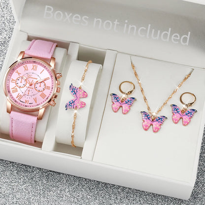 5/6PCS Fashion Women's Quartz Watch Leather Band Analog Wrist Watches Heart Rhinestone Jewelry Set(Without Box)