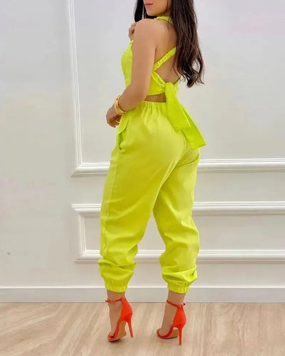 New Summer Fashion Printed Sleeveless Jumpsuit Sexy Hollow Backless Lace Up Long Jumpsuits Elegant Casual Jumpsuit With Pocket