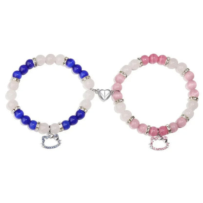 2 PCS Spider Cat Charm Beaded Bracelet For Best Friend Multi Color Cat Eye Heart Bracelet Set Red Blue Beads Fireball Spacer