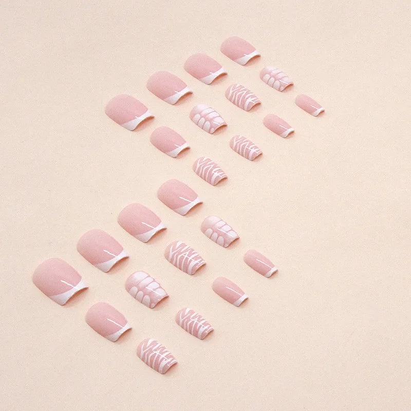 24pcs Glossy Short Square Fake Nails, White French Tip Press On Nails With Crocodile Pattern Design, Minimalist Style Pink False