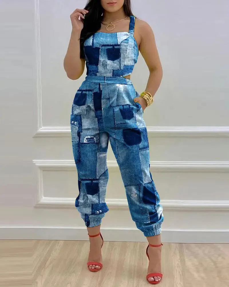 New Summer Fashion Printed Sleeveless Jumpsuit Sexy Hollow Backless Lace Up Long Jumpsuits Elegant Casual Jumpsuit With Pocket