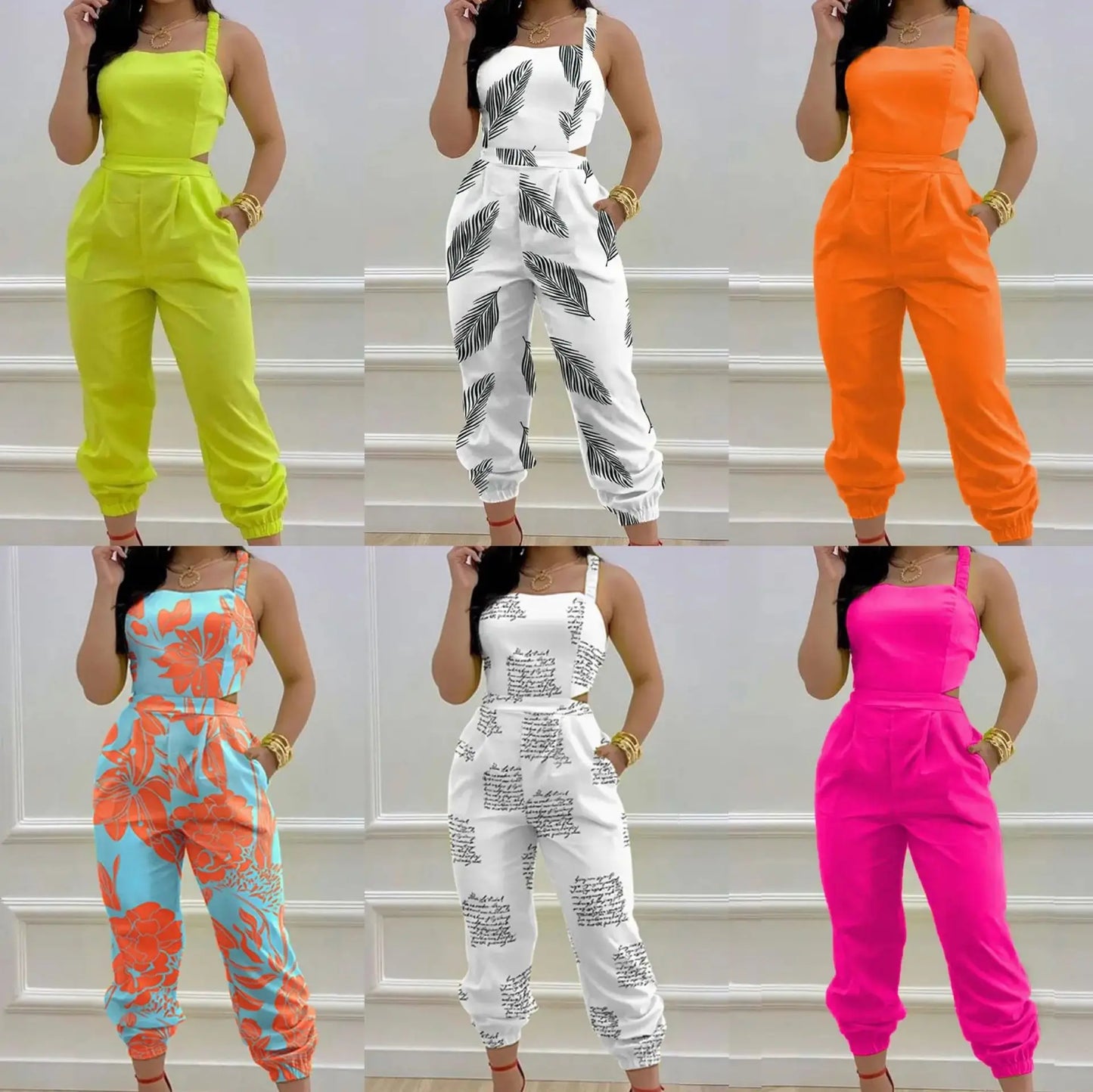 New Summer Fashion Printed Sleeveless Jumpsuit Sexy Hollow Backless Lace Up Long Jumpsuits Elegant Casual Jumpsuit With Pocket