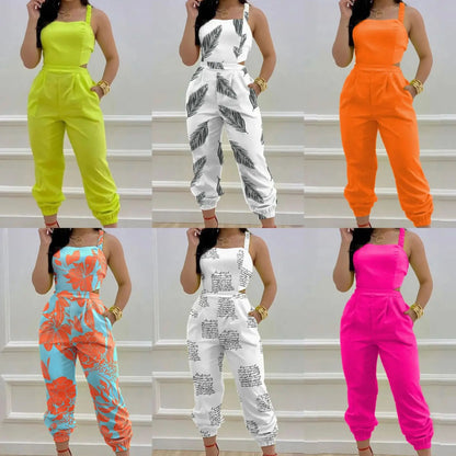 New Summer Fashion Printed Sleeveless Jumpsuit Sexy Hollow Backless Lace Up Long Jumpsuits Elegant Casual Jumpsuit With Pocket