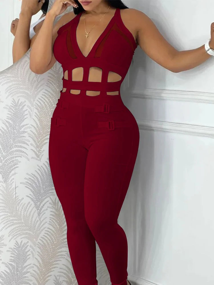 Sexy Hollow Out Halter Buckled Contrast Mesh Jumpsuit Slight Stretch Skinny Night Out Chic Sleeveless