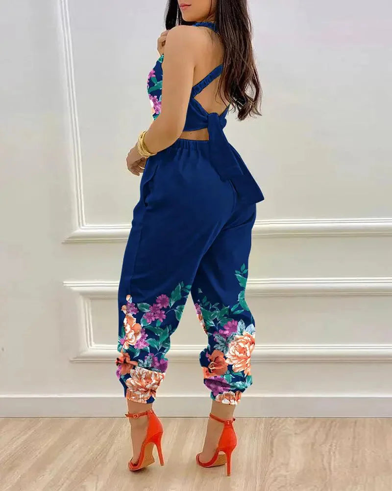 New Summer Fashion Printed Sleeveless Jumpsuit Sexy Hollow Backless Lace Up Long Jumpsuits Elegant Casual Jumpsuit With Pocket