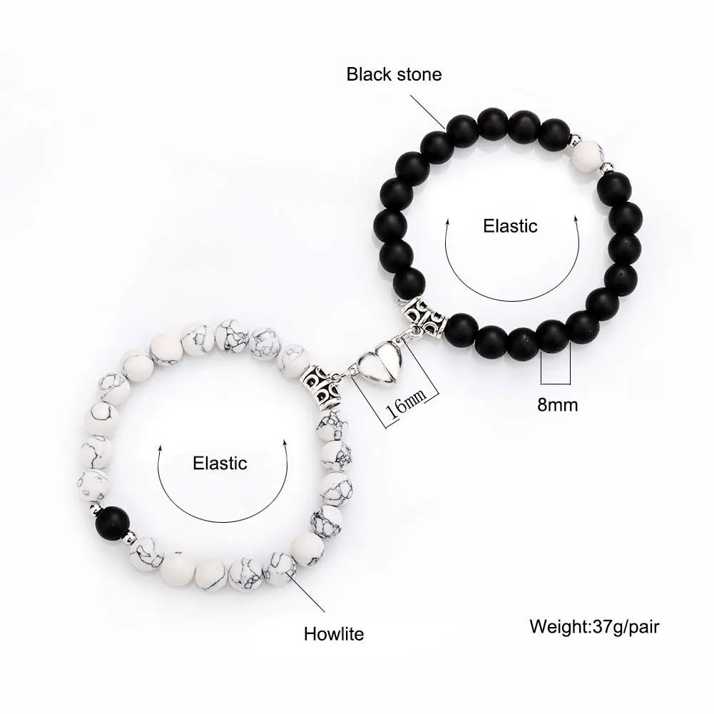 2Pcs/Set Beads Bracelet Couple Lovers Natural Stone Distance Magnetic Heart Bracelets For Women Men Fashion Wedding Jewelry Gift