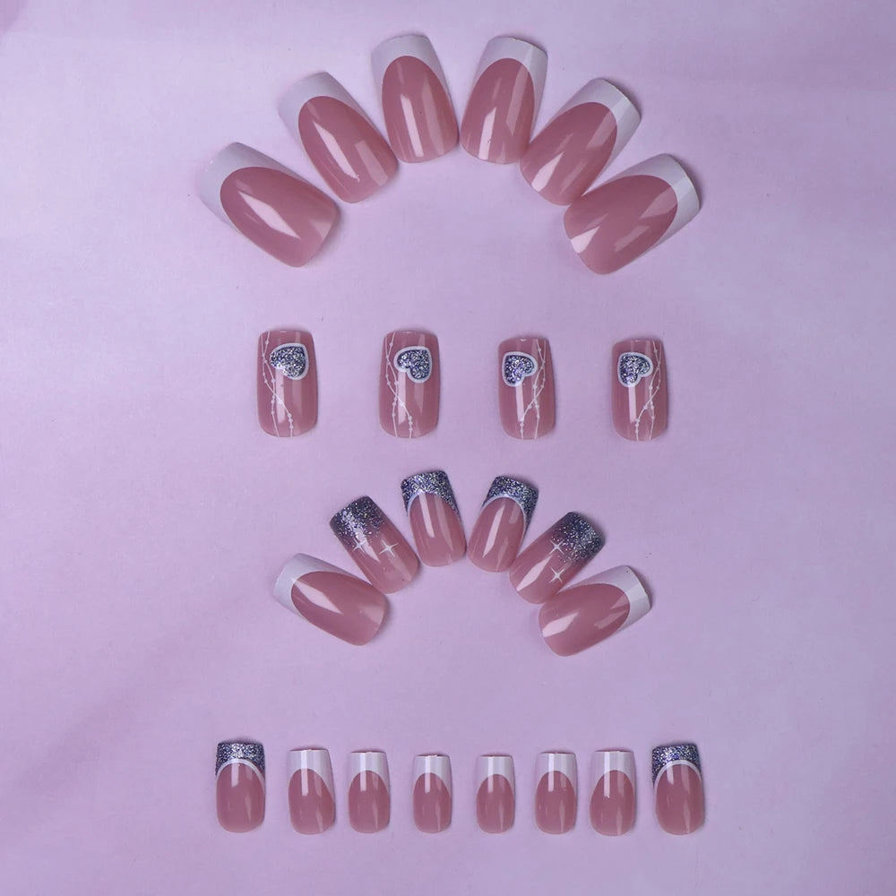 24PCS Press On Nails Short Pink Square Fingertip French Trim Press On Nails Love Design Sweet Nails Glisten Press On Nails