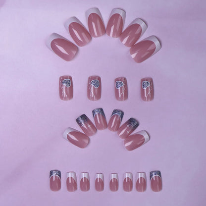 24PCS Press On Nails Short Pink Square Fingertip French Trim Press On Nails Love Design Sweet Nails Glisten Press On Nails