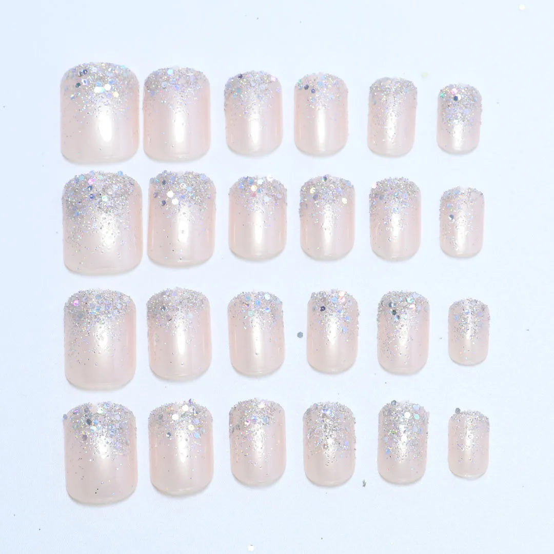 24pcs Flesh-colored Nail Plate Silver Head Square Short Imitation Nail French Fake Nails &1pc Jelly Paste &1pc File for Wedding