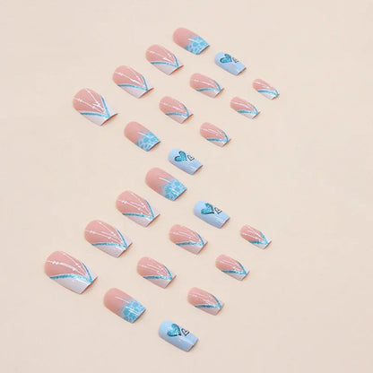 24 pcs short square French Minimalist Heart Glitter nails +1 nail glue +1 nail file