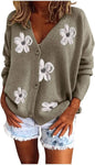 Women's Floral Print Long Sleeve V-Neck Sweaters Button Down Ribbed Cuffs Knit Cropped Cardigan Sweater