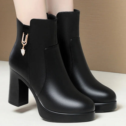 Autumn Winter Women  Platform Shoes Warm Fleece Waterproof Short Leather Boots Luxury Black Super High Heel Ankle Boots