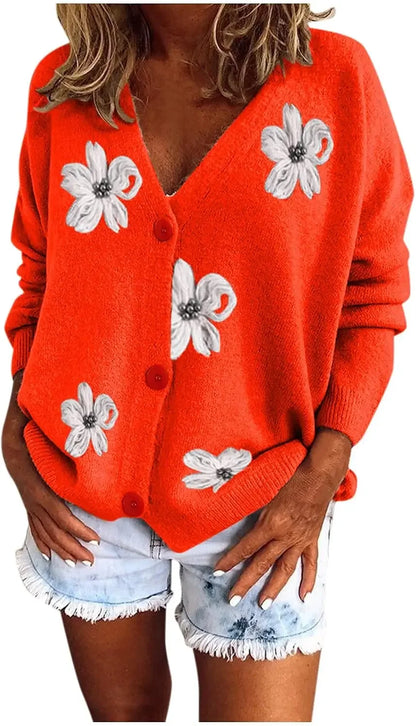 Women's Floral Print Long Sleeve V-Neck Sweaters Button Down Ribbed Cuffs Knit Cropped Cardigan Sweater