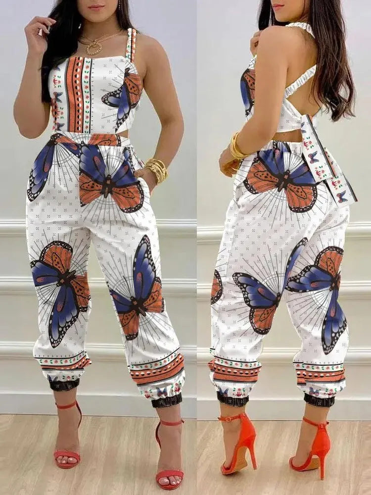 New Summer Fashion Printed Sleeveless Jumpsuit Sexy Hollow Backless Lace Up Long Jumpsuits Elegant Casual Jumpsuit With Pocket