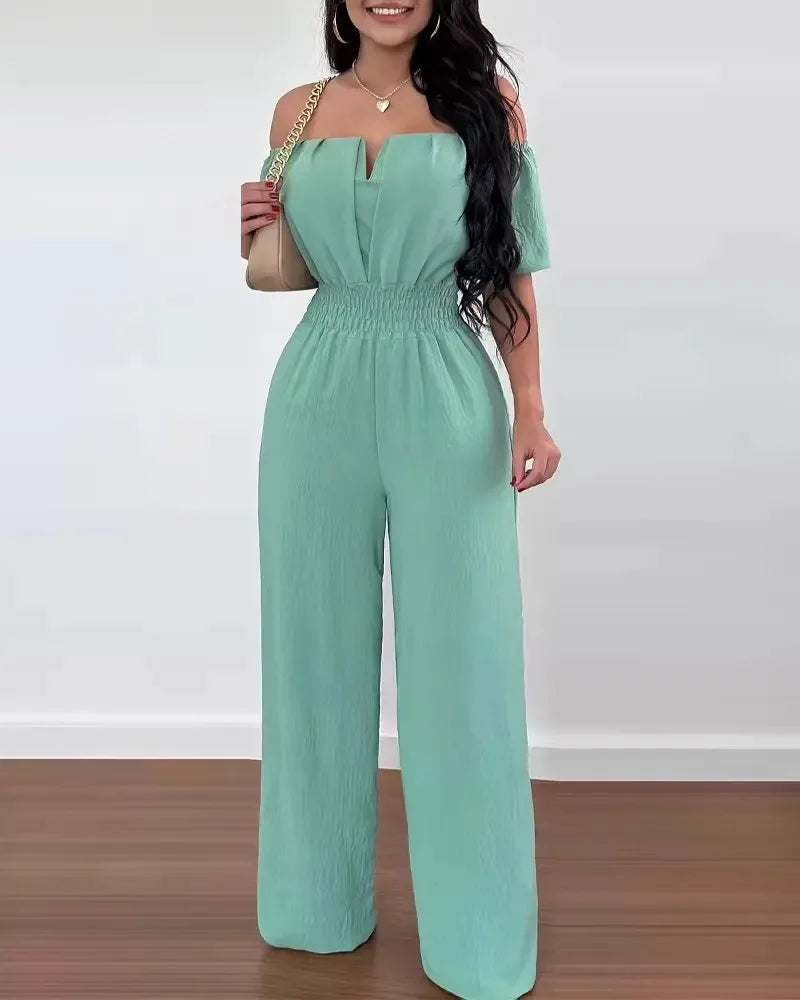 Summer Fashion Printed Wide Leg Jumpsuit Women Sexy Slash Neck Off-shoulder High Waist Jumpsuit Womem