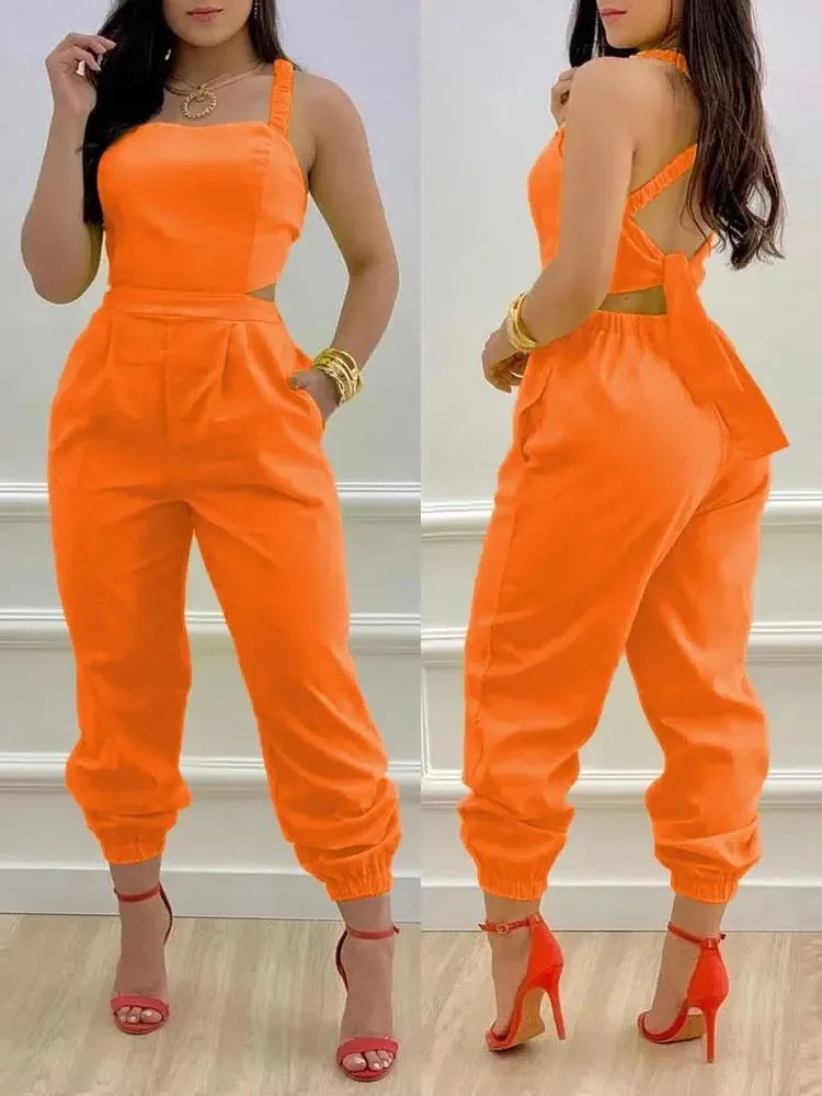 New Summer Fashion Printed Sleeveless Jumpsuit Sexy Hollow Backless Lace Up Long Jumpsuits Elegant Casual Jumpsuit With Pocket