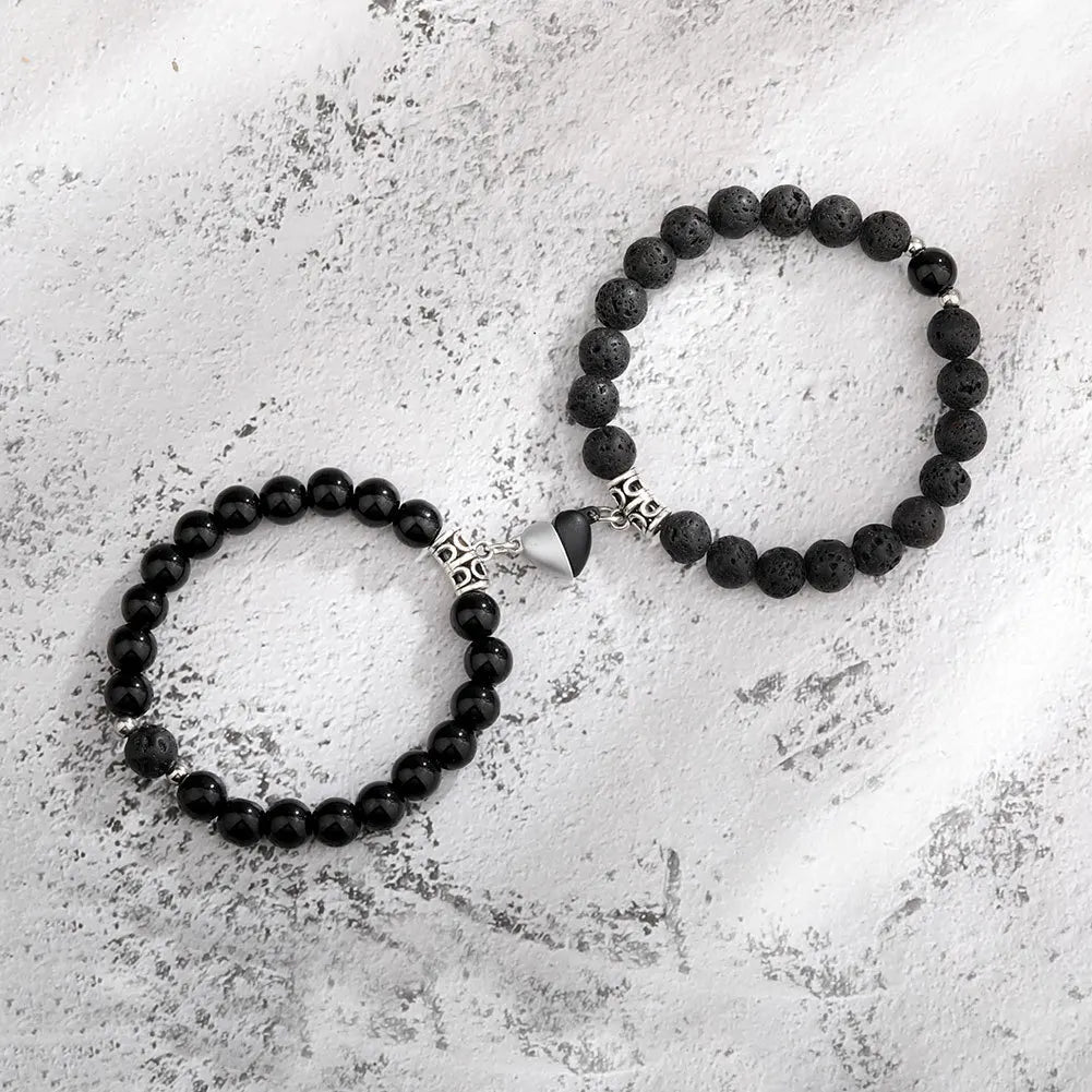 2Pcs/Set Beads Bracelet Couple Lovers Natural Stone Distance Magnetic Heart Bracelets For Women Men Fashion Wedding Jewelry Gift