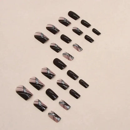 24 PCs Short French Minimalist Glitter Line Nails with 1 Jelly Gel and 1 Nail File