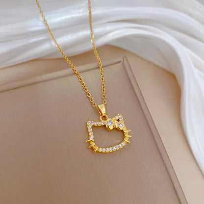 Gold Color Cute Zircon Hello Kitty Pendant Necklaces for Women Girls Stainless Steel Chain Birthday Wedding Party Favors Gifts