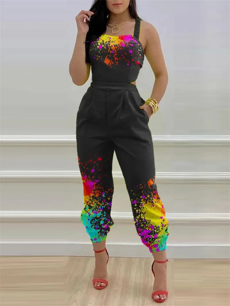 New Summer Fashion Printed Sleeveless Jumpsuit Sexy Hollow Backless Lace Up Long Jumpsuits Elegant Casual Jumpsuit With Pocket