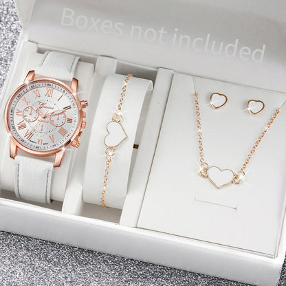 5/6PCS Fashion Women's Quartz Watch Leather Band Analog Wrist Watches Heart Rhinestone Jewelry Set(Without Box)