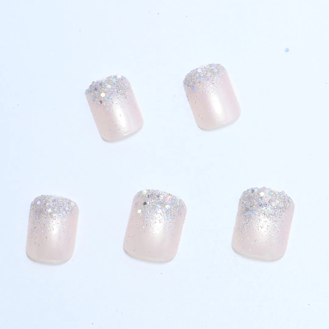 24pcs Flesh-colored Nail Plate Silver Head Square Short Imitation Nail French Fake Nails &1pc Jelly Paste &1pc File for Wedding