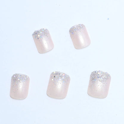 24pcs Flesh-colored Nail Plate Silver Head Square Short Imitation Nail French Fake Nails &1pc Jelly Paste &1pc File for Wedding