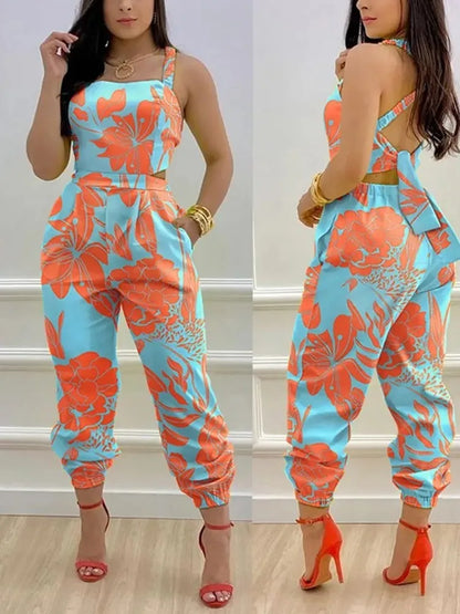 New Summer Fashion Printed Sleeveless Jumpsuit Sexy Hollow Backless Lace Up Long Jumpsuits Elegant Casual Jumpsuit With Pocket