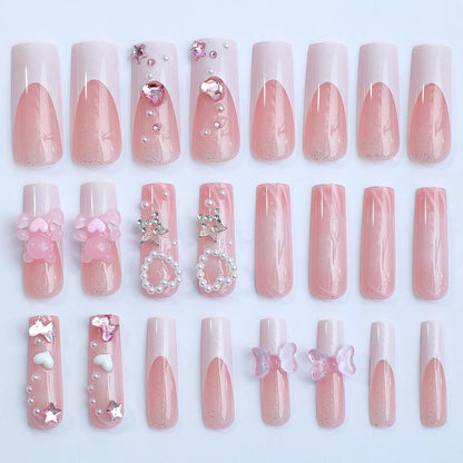 24Pcs Wearable Square Head Ballerina French Pink False Nails With Glue Full Cover Fake Nails Press On Nail Long Acrylic Manicure