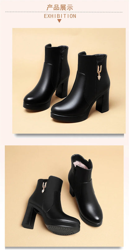 Autumn Winter Women  Platform Shoes Warm Fleece Waterproof Short Leather Boots Luxury Black Super High Heel Ankle Boots