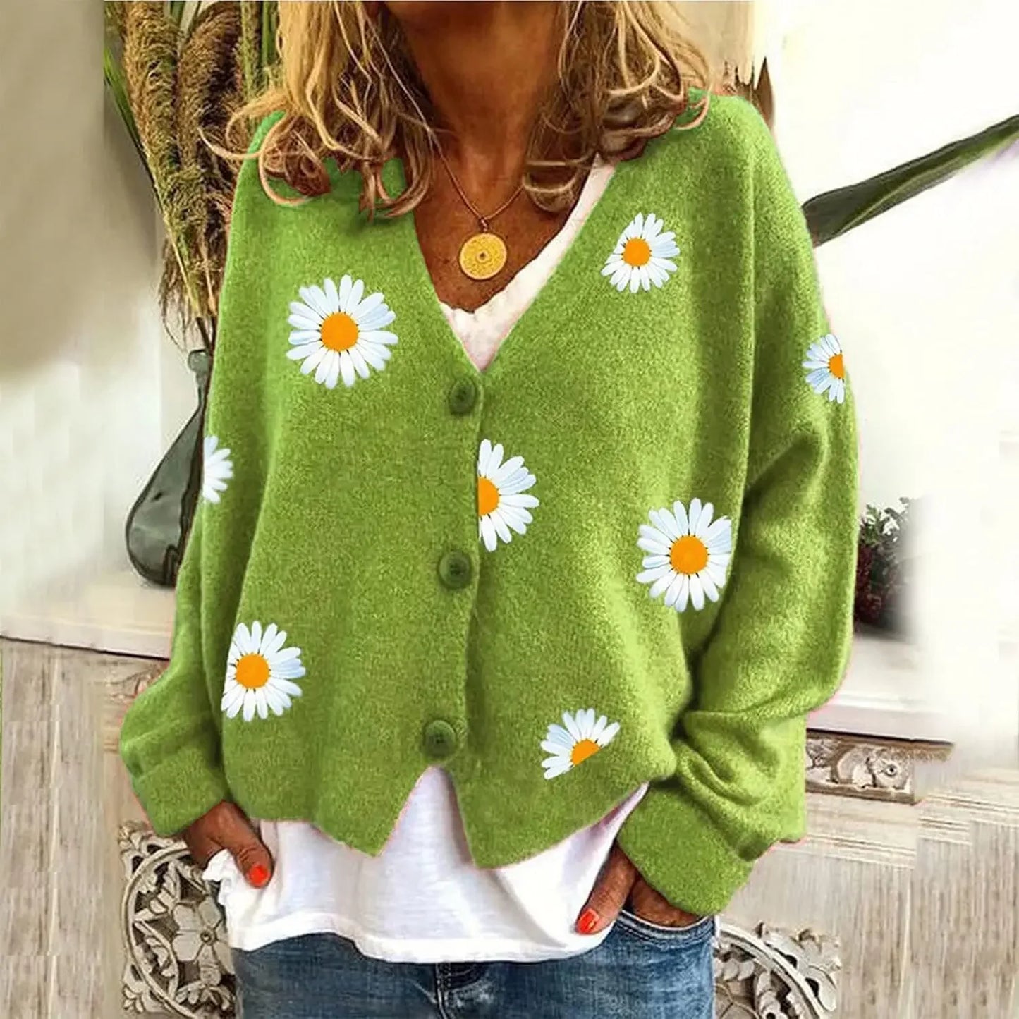 Women's Floral Print Long Sleeve V-Neck Sweaters Button Down Ribbed Cuffs Knit Cropped Cardigan Sweater