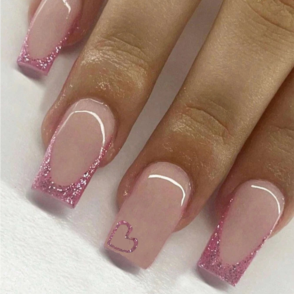 24pcs  press on nails short Square Love Design fake press on nails purple french tip press on nails cute glitter press on nails